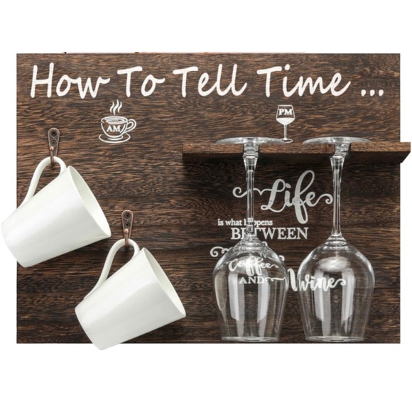 Other - NIB Novelty Wall Decor Coffee Cup Wine Glass Holder Brown Wood